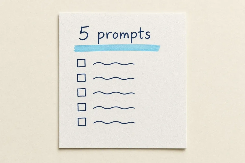 Handwritten note listing five AI prompts for a calmer workday.